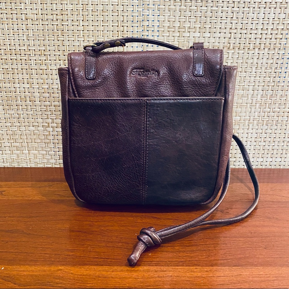 VTG 1990s Fossil Small Brown Pebbled Leather Messenger Bag